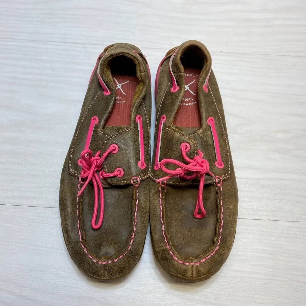 Twisted‎ X Driving Mocs Youth 5M Brown / Pink Lace Up Breast Cancer Awareness